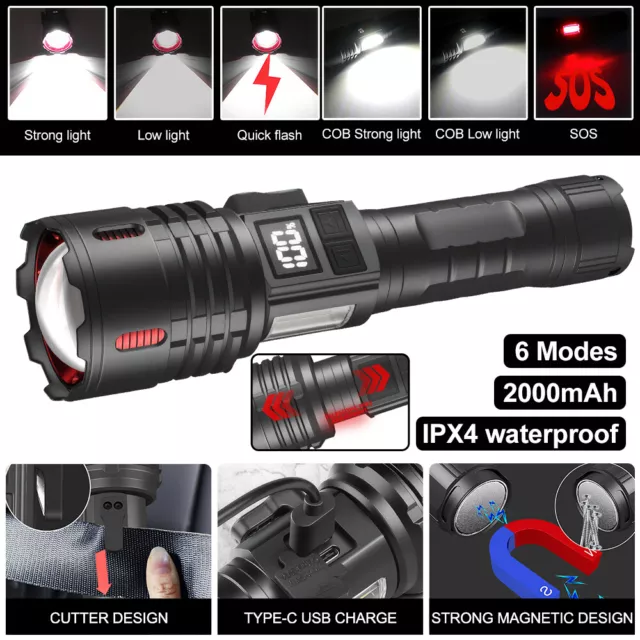 1200000lm LED Flashlight USB Rechargeable Super Bright Torch Lamp Zoomable Light