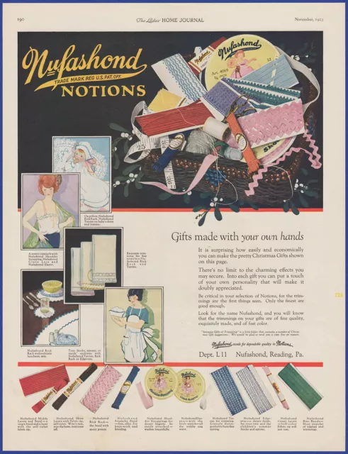 Vintage 1923 NUFASHOND Notions Edge Trim Sewing Ephemera Christmas 20's Print Ad