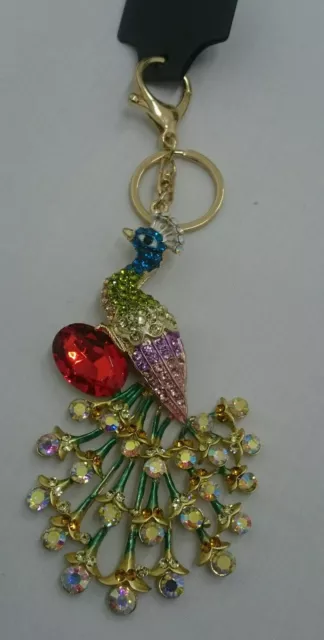 Big Size Beautiful peacock KEYRING HANDBAG CHARM Heavy Quality Crystal GOLD