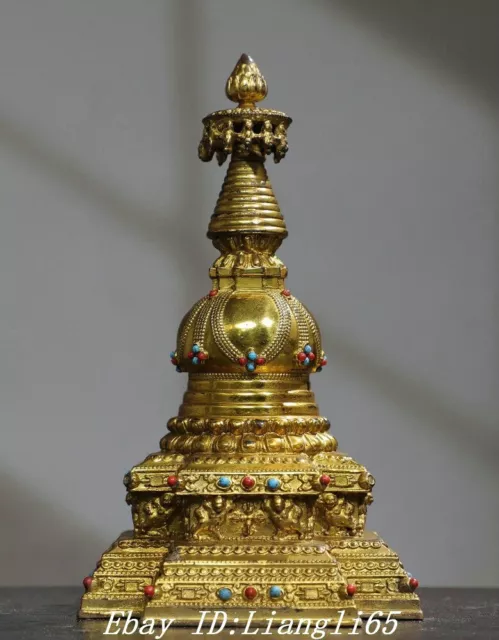 7.8" Tibet Buddhism Bronze Gild inlay Gem Fengshui Stupa Pagoda Tower Statue