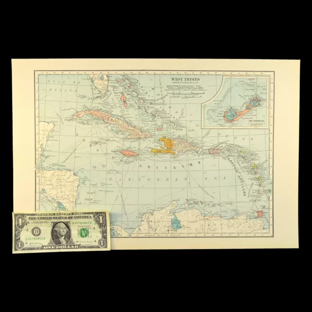 Vintage WEST INDIES Map of the CARIBBEAN Cuba Puerto Rico Jamaica ca 1937