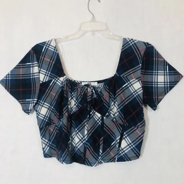 Madden NYC Corset Top Womens 3X Large Plaid Blue White Scoop Square Neck Casual