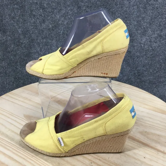 Toms Sandals Womens 10 W Wide Wedge Pumps Yellow Canvas Peep Toe Casual Slip On
