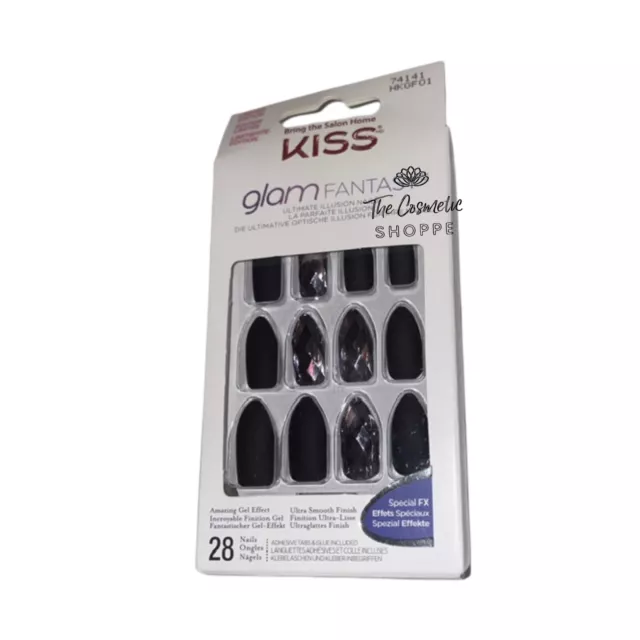 KISS Glam Fantasy Matte Black Glue On Stiletto Shape Medium Length Nails x1