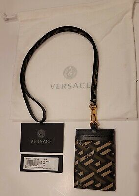 Versace La Greca ID Card Holder Wallet in Black w/ Olive & Tan & Gold Hardware