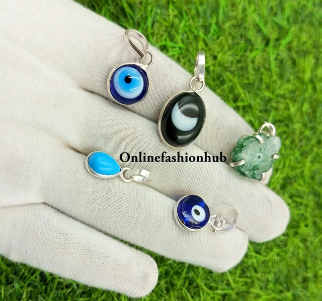 Evil Eye & Mix Gemstone 925 Sterling Silver Plated 5 PCs Pendant Lot -OFH142