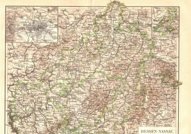 Hessen - Nassau, alte historische Landkarte. Lithographie um 1900 (D206)