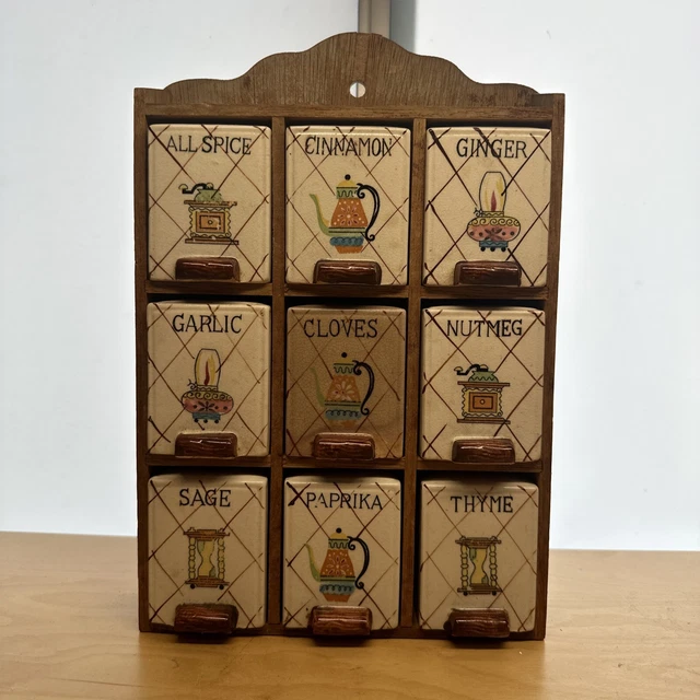 VINTAGE 50'S FRED Roberts 9Ceramic Jar Spice Rack Rustic Country