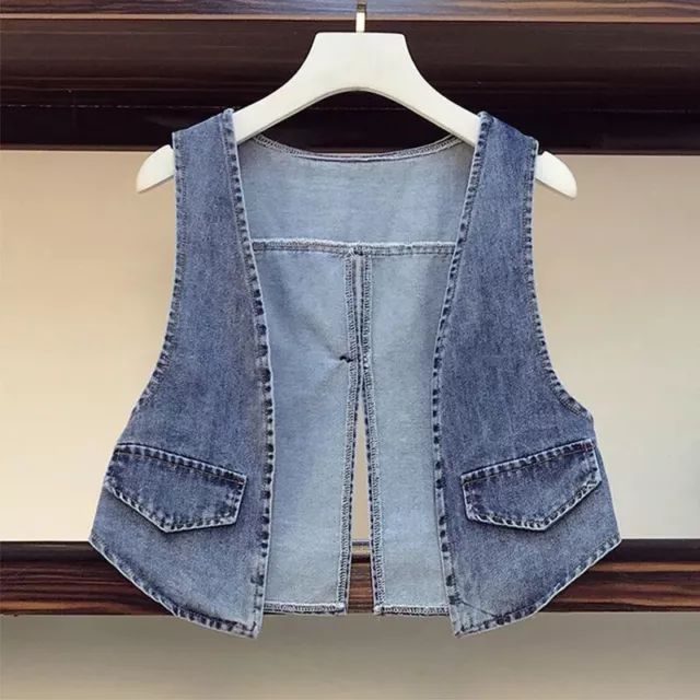 Women Denim Jean Vest Waistcoat Gilet Sleeveless Top Jacket Slit Casual Blue