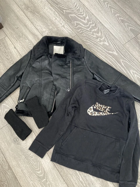 Girls Bundle Age 9 Faux Shearling Biker Jacket Nike Sweatshirt Black Mittens