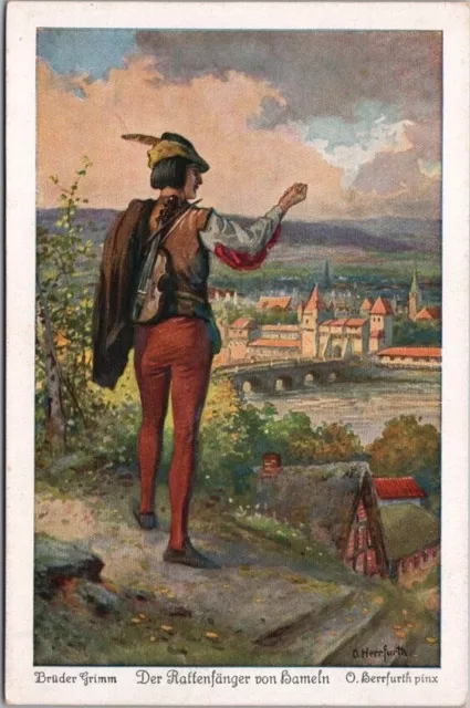 Vintage 1910s German Fairy Tale Postcard PIED PIPER Artist-Signed O. HERRFURTH