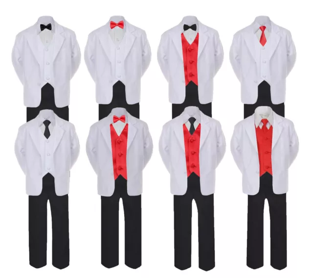 5-7pc Formal Black White Tuxedo Suit Red Bow Necktie Vest Boy Baby Sm-20 Teen