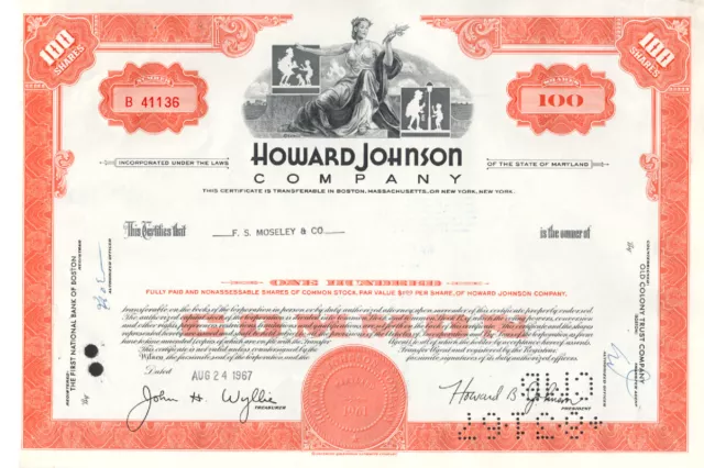 Howard Johnson Company - Original Stock  Certificate - 1967 - B41136