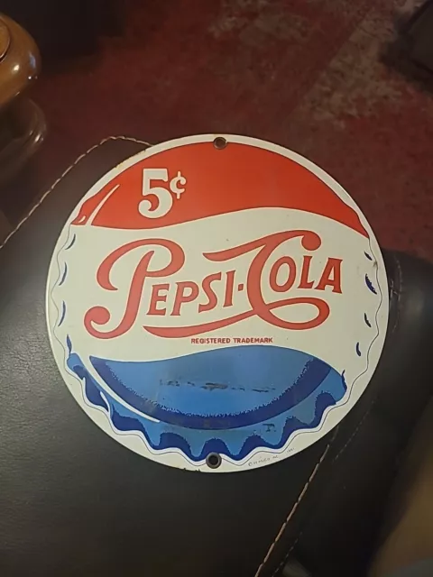 Vtg Ande Rooney Pepsi Cola 5 Cent Bottle Cap Enamel Round Porcelain Sign 8"