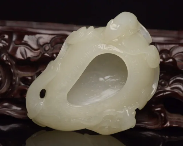71g Old Natural Hetian Jade Hand-Hollowed carved Ruyi Mouse Statues Brush Washer