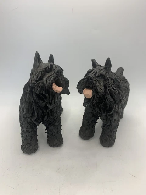 Bouvier dog art pottery hand made Signed Unique Figurines set  Original whimsy