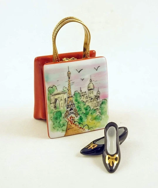 New French Limoges Trinket Box Paris Monuments Bag Purse w Removable Pumps Shoes