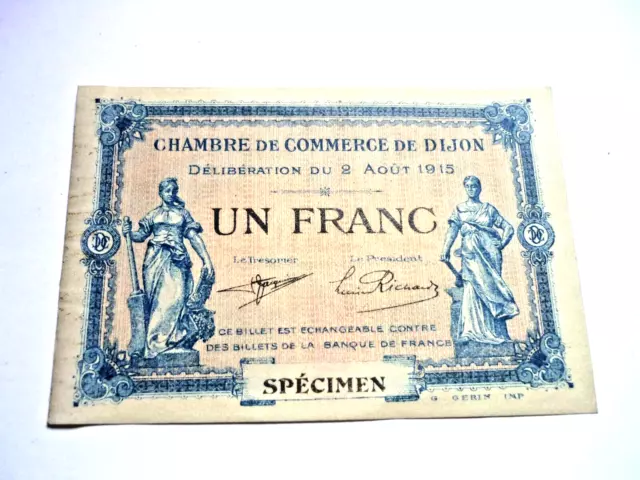 Billet de nécessité "UN FRANC SPECIMEN CHAMBRE de COMMERCE DIJON"