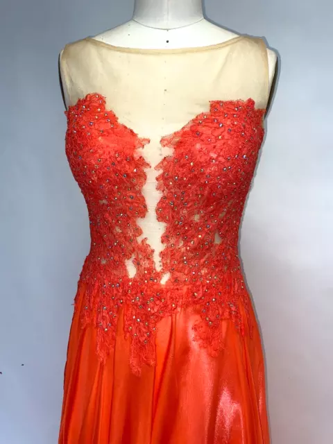 ORANGE PROM DRESS Size 8 Sheer Deep V Lace Beaded Coral Chiffon Party ...