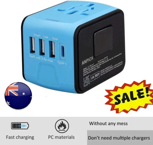 Universal World Travel Adapter 3 USB & Type-C Charger UK/EU/AU/US Plug Converter