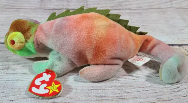 Vintage TY Plush Iggy Iguana Stuffed Animal Beanie Rainbow Tie Dye Fabric 1997