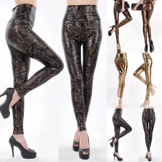 WOMEN'S LIQUID WET Look Sexy Shiny Faux Leather Metallic Stretch