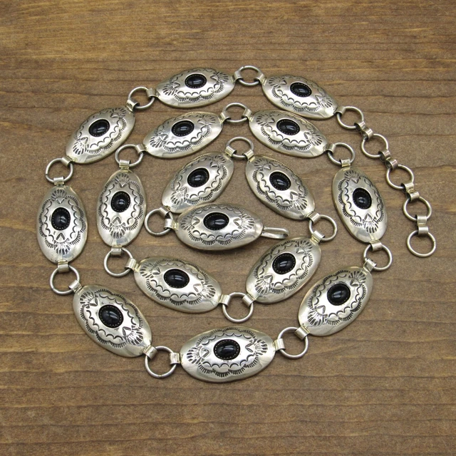 Vintage Sterling Silver Onyx Oval Stamped Concho Belt