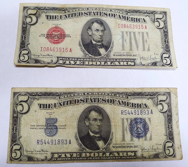 1934D $5 Blue Seal Silver Certificate AND $5 1928F Red Seal United States Note!
