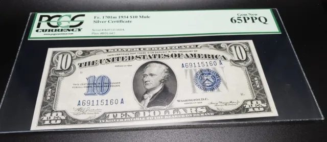 1934 Fr. 1701m $10 Mule Ten Dollar Silver Certificate PCGS Gem New 65 PPQ