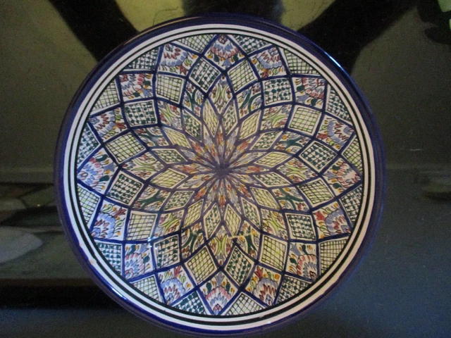 Vintage Tunisia Hand Painted Stain Glass Window Diamond Faience Tin Glaze Bowl!