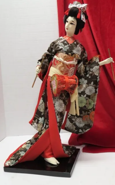 Vintage 18” Japanese Geisha Doll with Silk Kimono and drum
