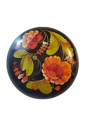 Vintage Russian Lacquer Box Round Trinket Jewelry Box Folk Art Hand Painted
