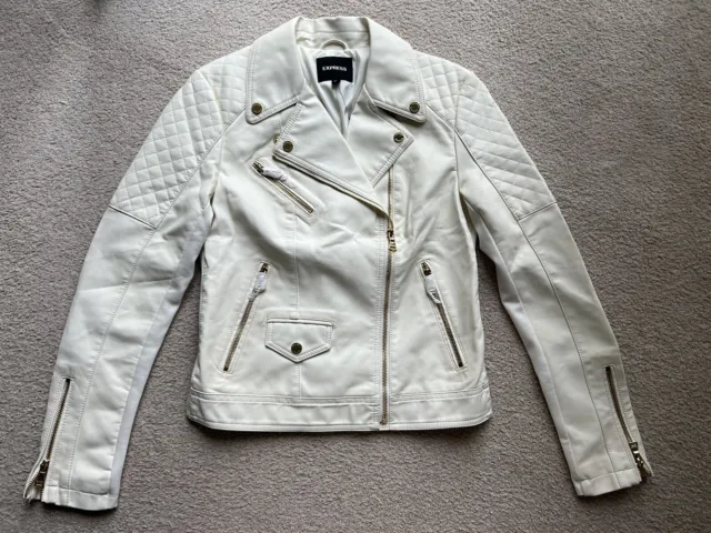 Womens EXPRESS Ivory White Quilted Minus The Leather Moto Jacket Coat Size Small