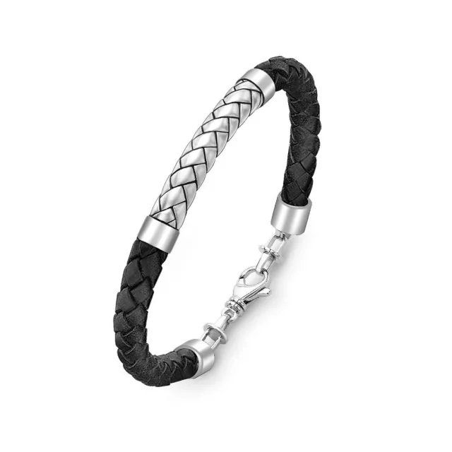 Hoxton Hommes Argent Sterling Chevron Cuir Noir Bracelet