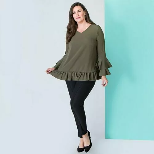 Nvee Khaki Green Crepe Double Frill Sleeve Blouse Top Size Small UK 8-10 BNWT