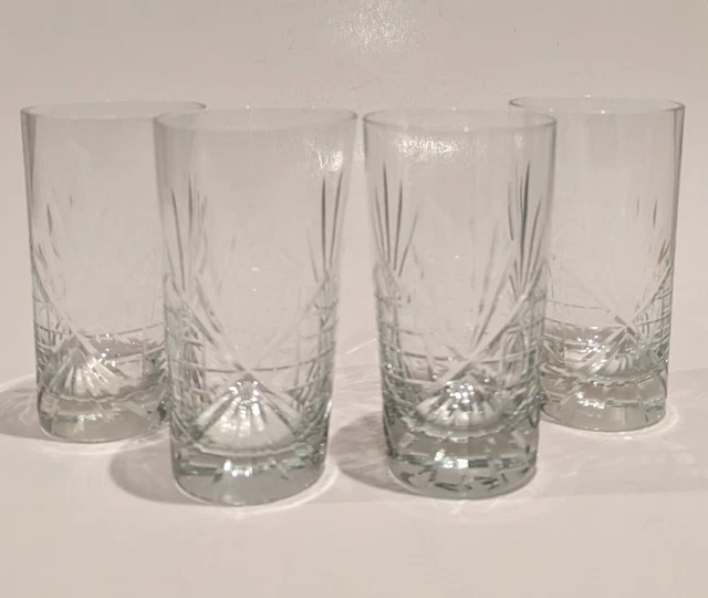 Classic Highball 12 oz Crystal Cut Glasses, Fan/Square Pattern, Whiskey Set of 4