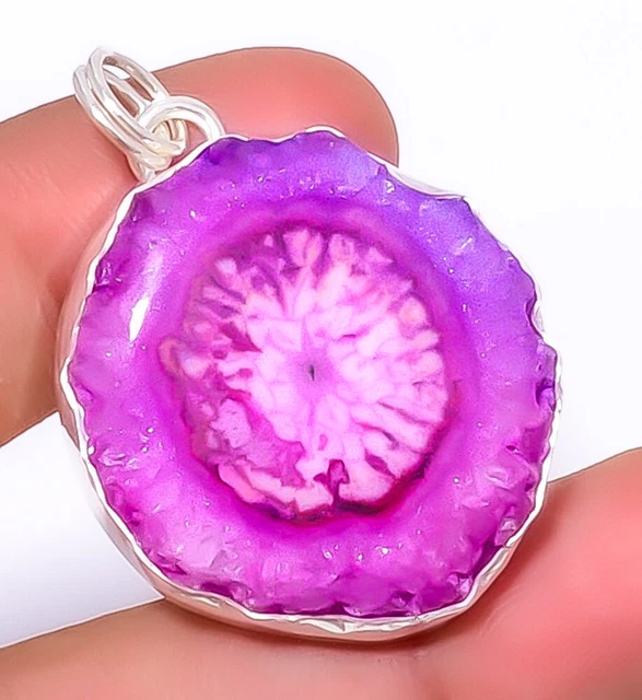 Pink Solar Quartz Eye Handmade Gemstone 925 Sterling Silver Pendant 1.76" A324