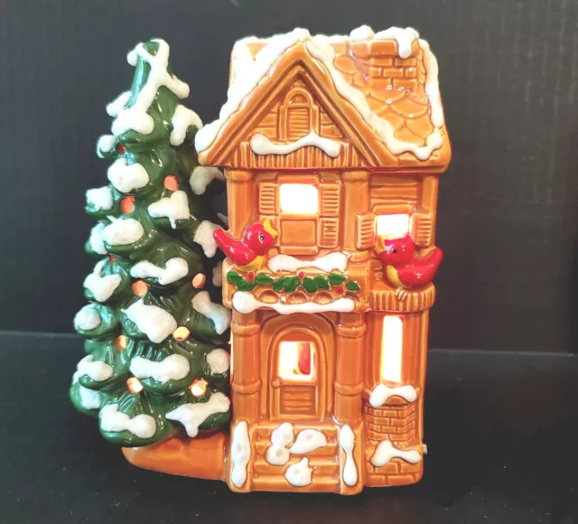 Vintage Lefton Light Up village 7” House, 2 Red Cardinals, Christmas Tree #1749