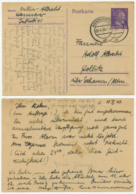 37120 - Ganzsache P 299 - Postkarte - Hannover 1.4.1943 nach Pollitz