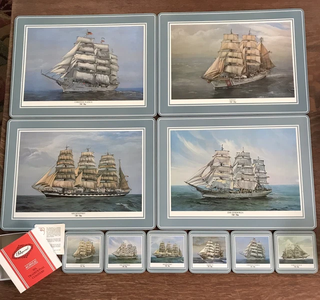 VINTAGE PIMPERNEL TALL Ships Cork Back Placemats (4) and Boxed Coaster