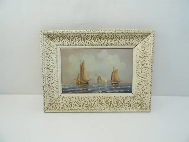 Antico Cornice Quadro Olio su Tela Marina Barche a Vela Boats Painting