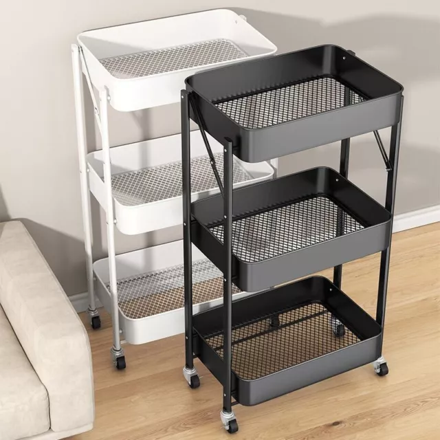 3 Tier Metal Folding Trolley Cart Storage Rack Rolling Shelf Beauty Office Wheel