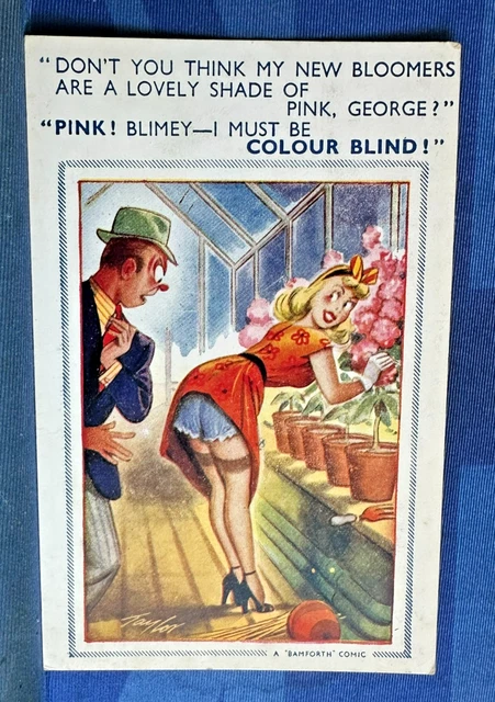 SAUCY BAMFORTH COMIC Postcard 1950s Nylons Pink Bloomers Roses COLOUR saucy-bamforth-comic-postcard-1950s-nylons-pink-bloomers-roses-colour