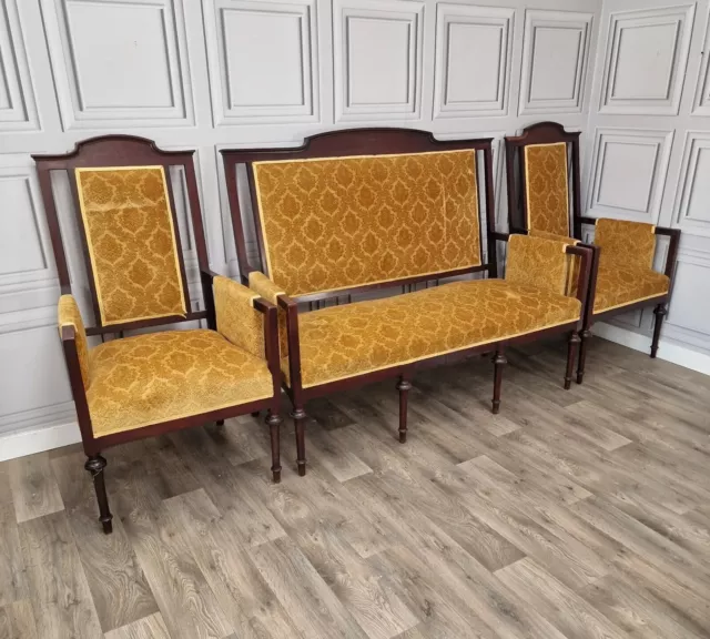 Antique Edwardian Saloon Sofa & Two Arm Chairs - Upholstered Turned Settee 2