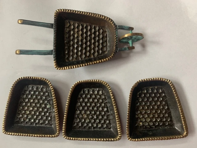 Vintage Hakuli Brass Enamel Wheelbarrow With Stacking Ashtrays, Made in Israel