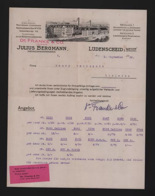 LÜDENSCHEID, Brief 1925, Dr. Franke & Co. vor Julius Bergmann Metallwaren-Fabrik