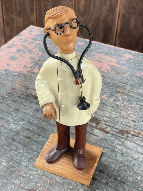 Carved Wood Doctor Stethoscope Glasses  Figurine Made in Italy Romer Vtg READ