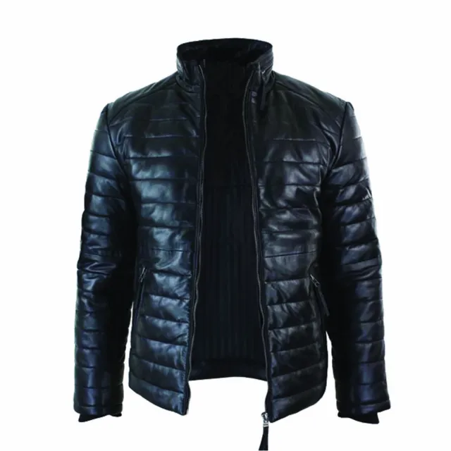 Men's Real Leather Genuine Lambskin Quilted Puffer Jacket Black Casual Winter