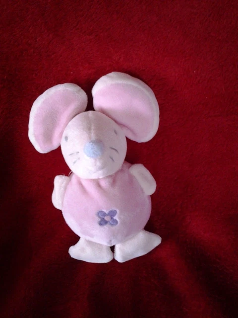 Doudou Peluche Hochet Grelot Souris Rose Et Beige Fleur Violette Ajena
