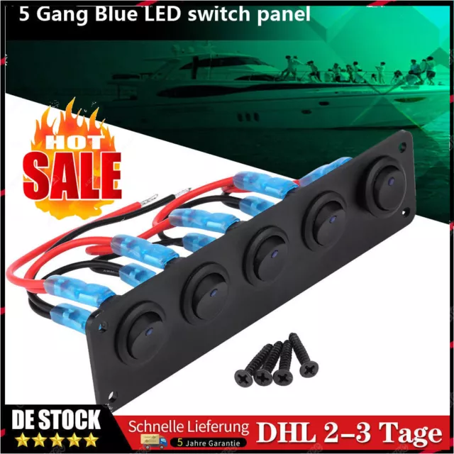 5 Gang Toggle Rocker Switch Panel USB Car Boat Marine RV Truck Blue LED 12V-24V